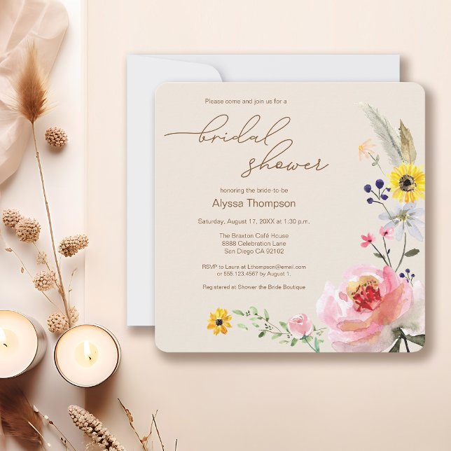 Elegant Boho WildblomBlommigt Möhippa Inbjudningar (Boho wildflower watercolor bridal shower invitation template.)