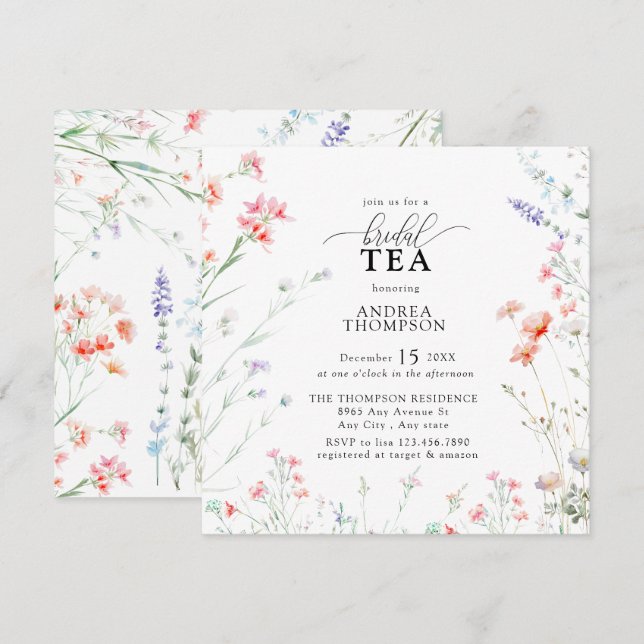 Elegant Boho WildblomBlommigt Möhippa Tea Inbjudningar (Fram/baksida)