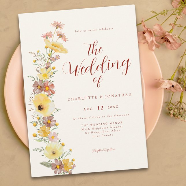Elegant Boho WildblomBröllop Inbjudningar (Boho chic wildflower yellow burnt orange peach wedding invitation )
