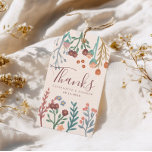 Elegant Boho Wildblombröllopsförmån Presentetikett<br><div class="desc">Dessa vackra och moderna bröllopsfavoritpresentationer har märkre med vismliknande illustrationer av vilda blommor, med "tack" i elegant typografi och utrymme för att lägga till den nylnade namnen och bröllop. Den här designens palett gör det till ett perfekt val för sommaren bröllop, boho bröllop, rustik bröllop och fallbröllop, som sömlöst blandar...</div>