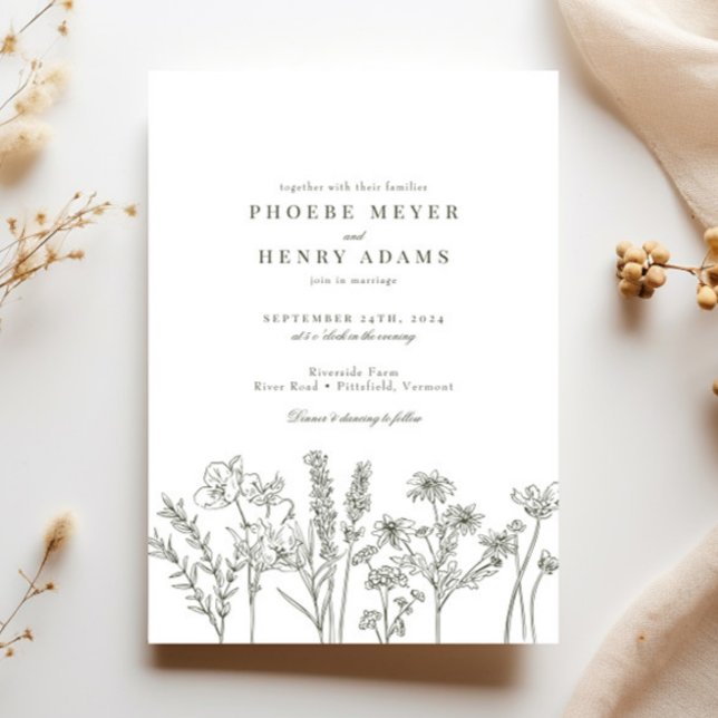 Elegant Boho Wildblomma Oliv grönt Bröllop Inbjudningar (Skapare uppladdad)