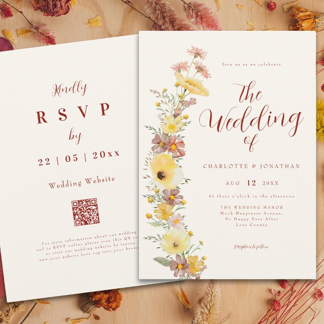 Elegant Boho Wildblomma QR-kod Inbjudningar (Boho chic wildflower fall wedding qr code invitation )