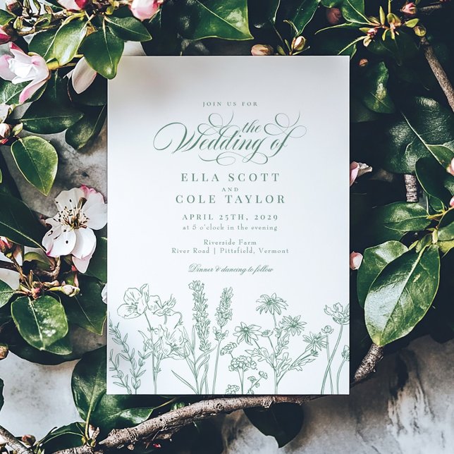 Elegant Boho Wildblomma Vår Grönt Bröllop Inbjudningar (Skapare uppladdad)