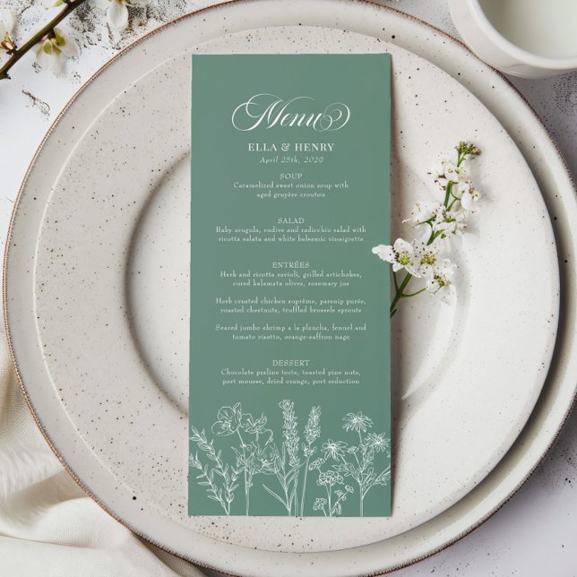 Elegant Boho Wildblomma Vår Grönt Bröllop Meny (Skapare uppladdad)