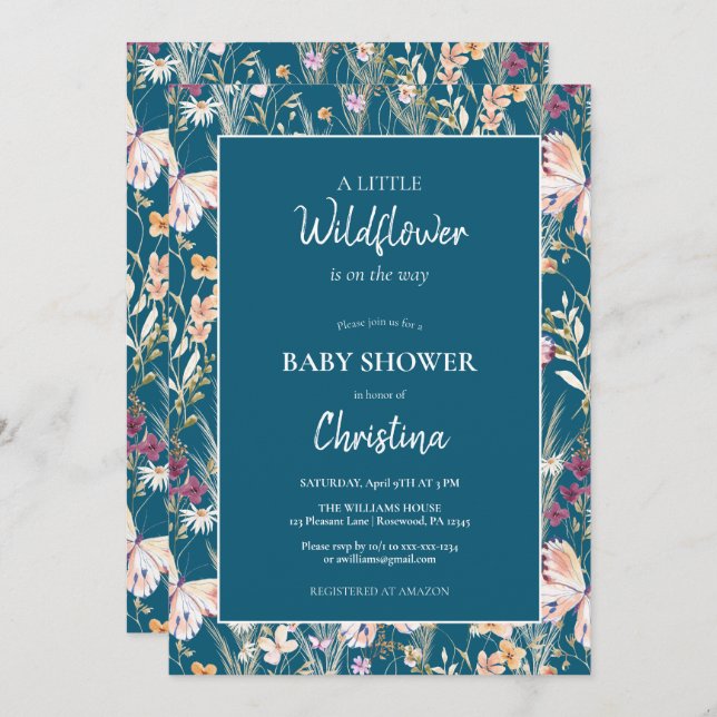 Elegant Boho WildblommBlue Baby Shower Inbjudningar (Fram/baksida)