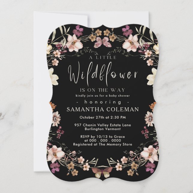 Elegant Boho Wildblomme Modern Black Baby Shower Inbjudningar (Framsida)