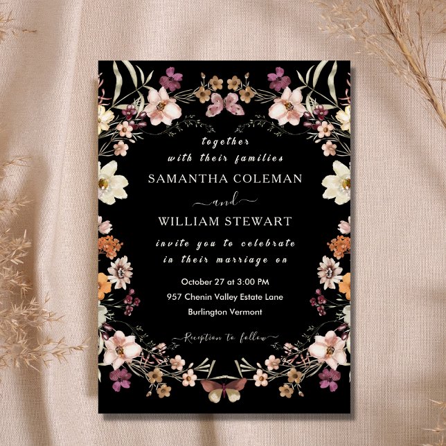 Elegant Boho Wildblomme Modern Black Bröllop Inbjudningar (Skapare uppladdad)