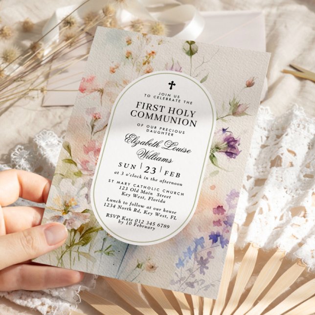 Elegant Boho Wildblommor First Heliga Communion Inbjudningar (Skapare uppladdad)