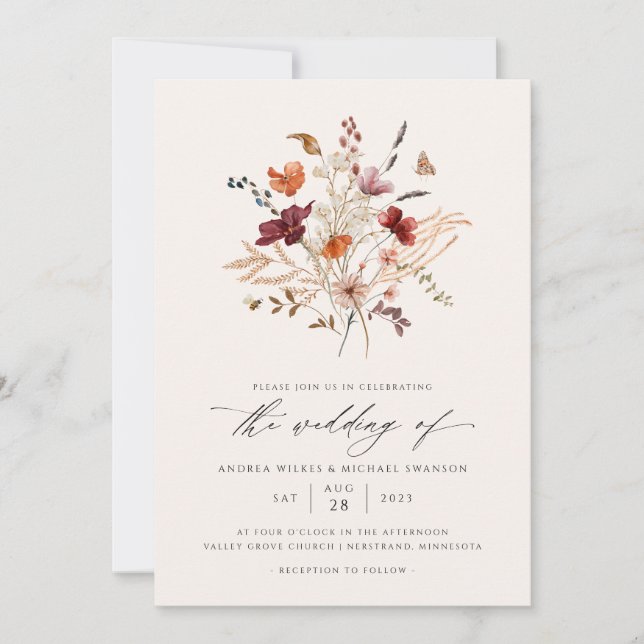 Elegant Boho Wildbloms blomsterfoto Inbjudningar (Framsida)