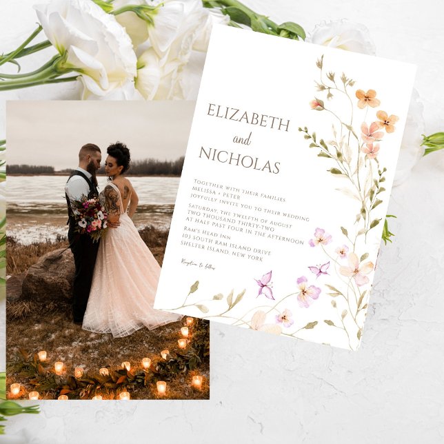 Elegant Boho Wildbloms Photo Avslappnad Bröllop Inbjudningar (Skapare uppladdad)