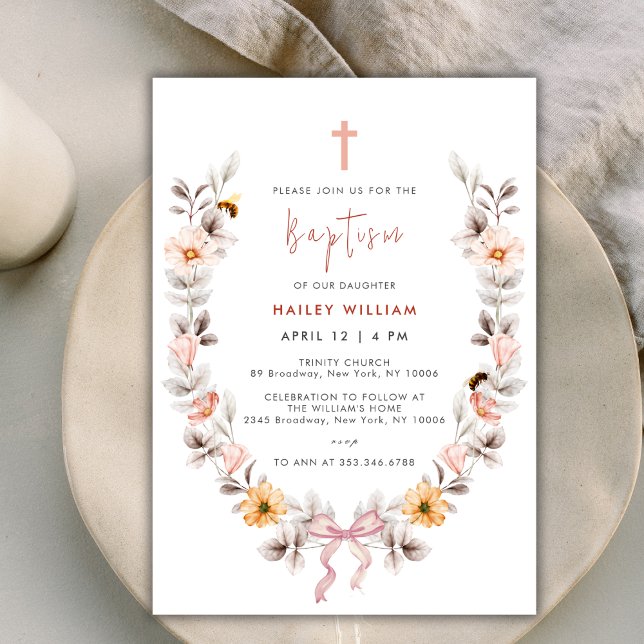 Elegant Boho Wildbloms utandningsflicka Baptism Inbjudningar (Elegant Boho Wildflower Wreath Girl Baptism Invitation)