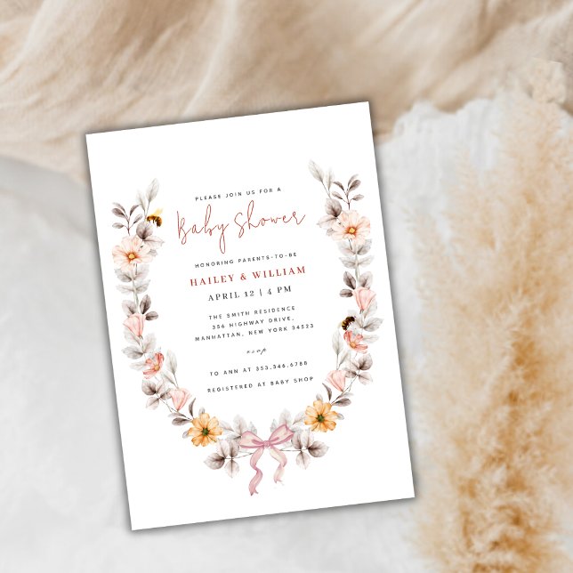 Elegant Boho Wildbloms utandningsskjut Inbjudningar (Elegant Boho Wildflower Wreath Baby Shower Invitation)