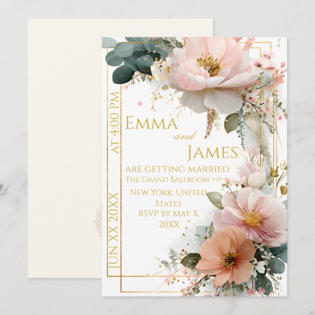 Elegant Boho Wildflower Wedding Invitation Inbjudningar (Fram/baksida)