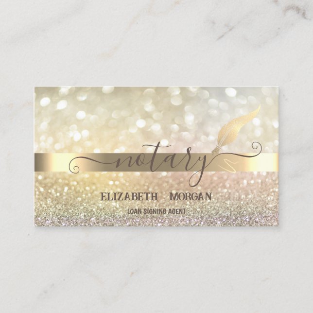Elegant Bokeh Guld Feather Notary Visitkort (Framsida)