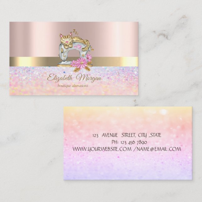 Elegant Bokeh Guld Rand,Sewing Maskin Cat Visitkort (Fram/baksida)