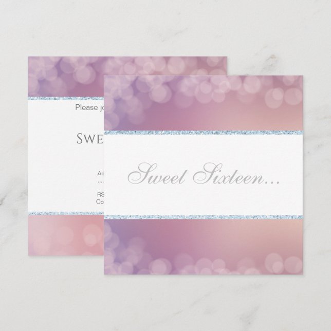ELEGANT BOKEH LILAC WHITE GLITTER BUBBLE SWEET 16 INBJUDNINGAR (Fram/baksida)