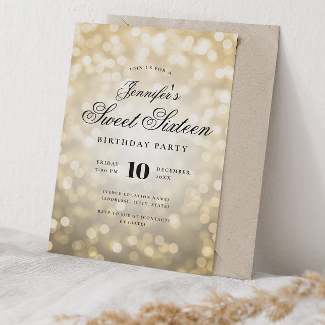 Elegant Bokeh Ljus Formal Script Sweet 16 Guld Inbjudningar (Elegant Bokeh Lights Formal Script Sweet 16 Gold Invitation)