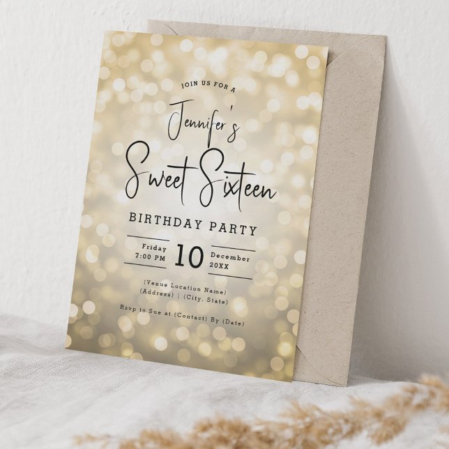 Elegant Bokeh Ljus Modern Script Sweet 16 Guld Inbjudningar (Elegant Bokeh Lights Modern Script Sweet 16 Gold Invitation)