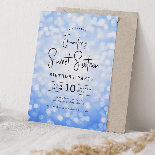 Elegant Bokeh Modern Script Sweet 16 Navy Blue Inbjudningar (Elegant Bokeh Modern Script Sweet 16 Navy Blue Invitation)