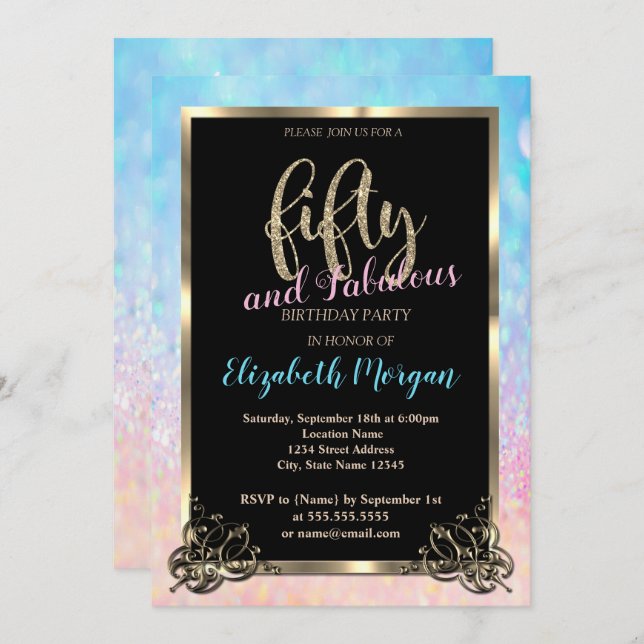 Elegant Bokeh Ombre Guld Ram 50:e Födelsedagsfeste Inbjudningar (Fram/baksida)