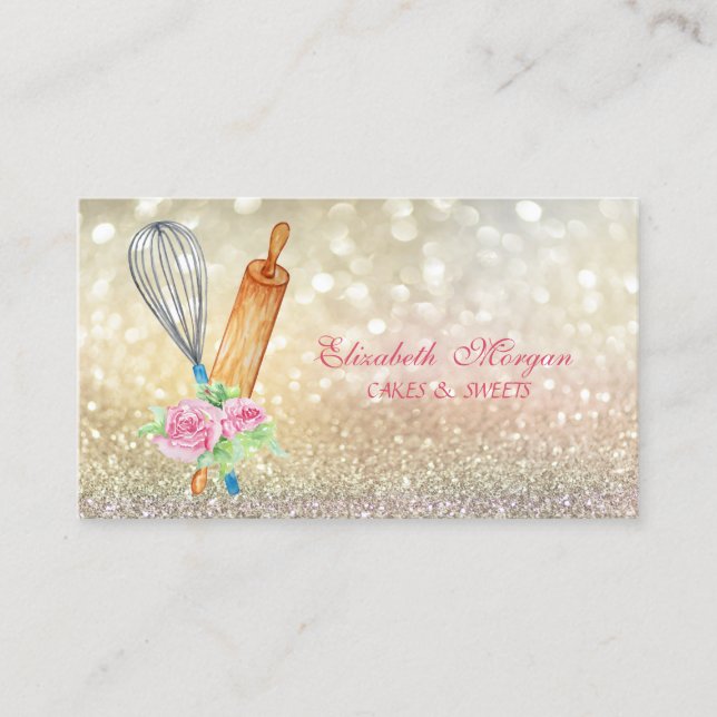 Elegant Bokeh Rolling Pin Whisk Bakery Visitkort (Framsida)