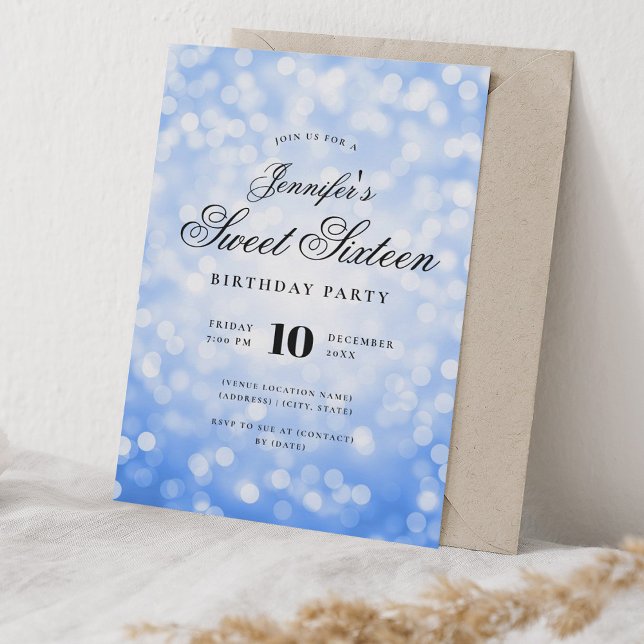 Elegant Bokeh Script Sweet 16 Party Navy Blue Inbjudningar (Elegant Bokeh Script Sweet 16 Party Navy Blue Invitation)