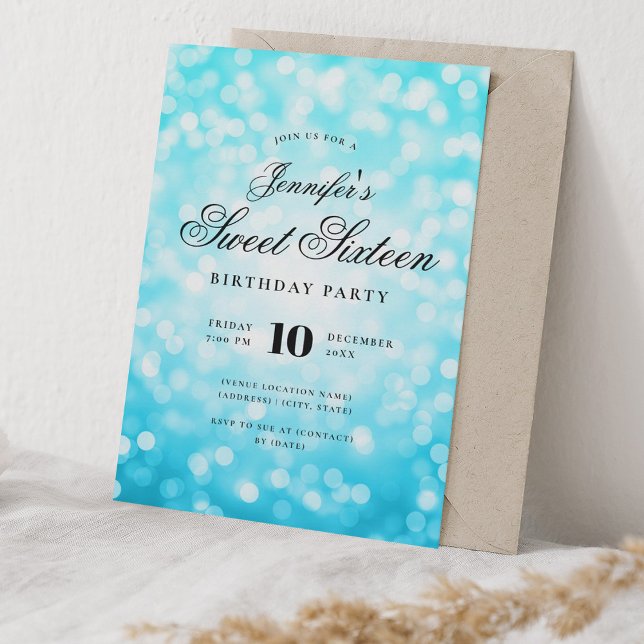 Elegant Bokeh Script Sweet 16 Party Turcos Inbjudningar (Elegant Bokeh Script Sweet 16 Party Turquoise Invitation)