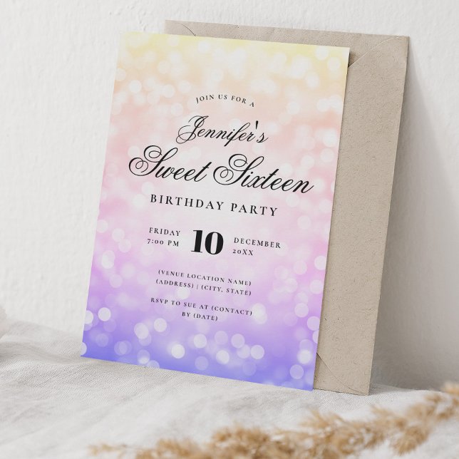 Elegant Bokeh Script Sweet 16 Rainbow Ombre Inbjudningar (Elegant Bokeh Script Sweet 16 Rainbow Ombre Invitation)