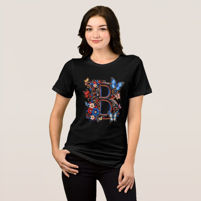 Elegant bokstav B initial blommor dam t-shirt (Framsida Full)
