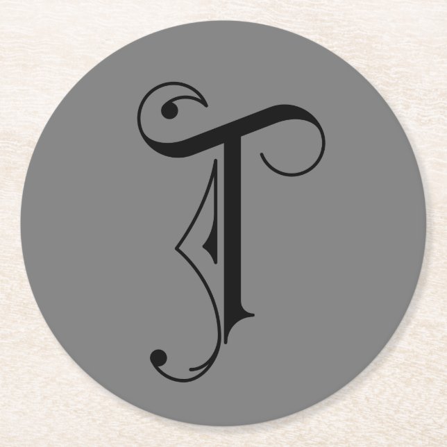 Elegant bokstav T monogram svart på grå Underlägg Papper Rund (Framsidan)