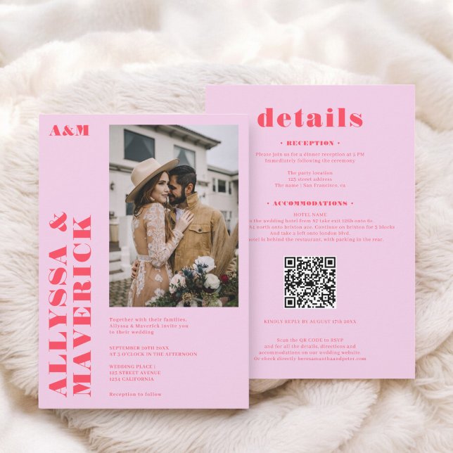 Elegant Bold boho red Red shock rosa Photo bröllop Inbjudningar (Elegant Bold boho red hot pink photo wedding Invitation)