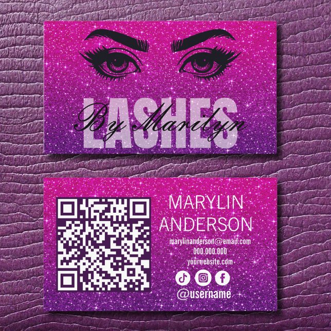 Elegant Bold Glitter Ombre Lash Tech QR-kod Visitkort (Skapare uppladdad)