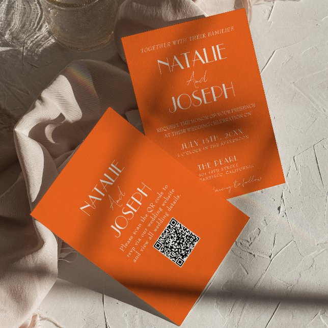 Elegant Bold Orange Stylish QR Code Wedding Inbjudningar (Skapare uppladdad)