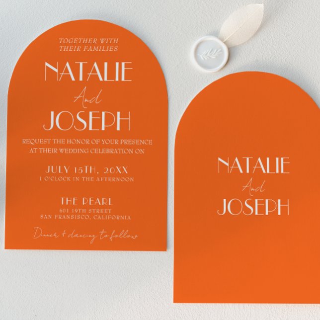 Elegant Bold Orange Stylish Retro Arched Wedding  Inbjudningar (Skapare uppladdad)