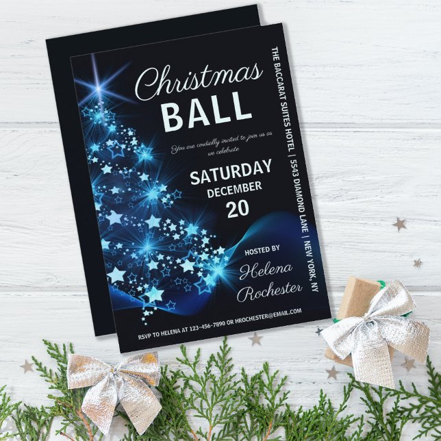 Elegant Boll Blue Träd Julfest vid jul Inbjudningar (Skapare uppladdad)