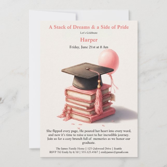 Elegant Book Lover Graduation Brunch Invitation Inbjudningar (Framsida)