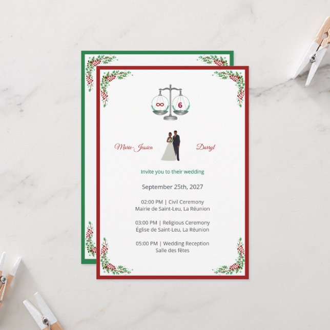 Elegant Bordeaux Emerald Scale Wedding Invitation Inbjudningar (Fram/Back In Situ)