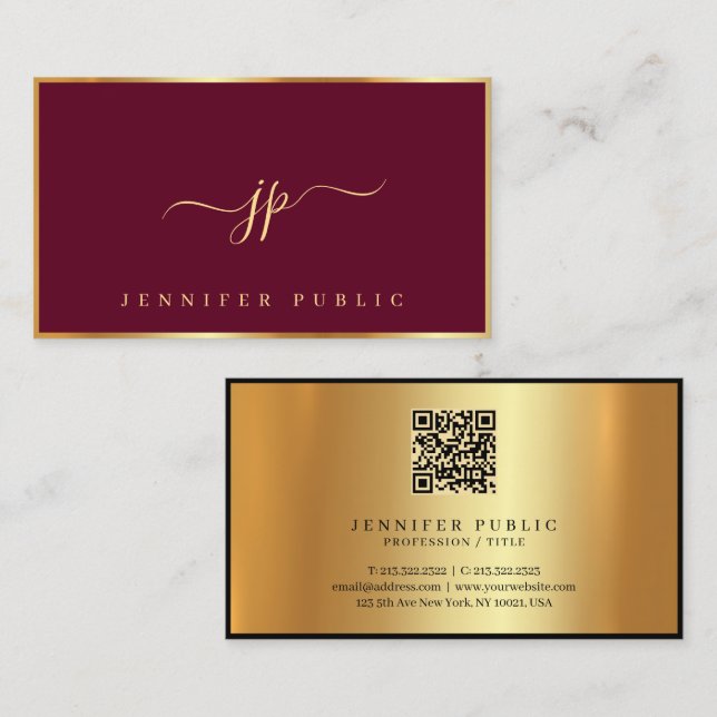 Elegant Bordeaux & Guld Typography Script Monogram Visitkort (Fram/baksida)