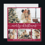Elegant Bordo och White 4 Photo Collage jul Julkort<br><div class="desc">Elegant Calligraphy Minimalist Burgundy and White 4 Photo Collage God jul Script Helgdag Card. Den här sjutna, minimalistiska, visuella, fyra (4) fotokortsmallen har en söt fotokollage och säger "God jul och Gott nytt år"! Texten "God jul" hälsning är skriven i ett vackert handskrivet teckensnitt som snabbt kan bytas ut mot...</div>