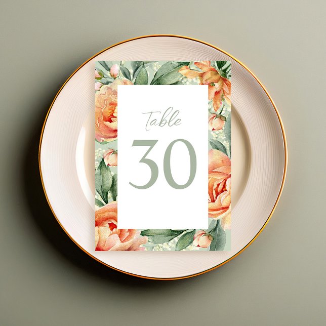 Elegant Bordskylt för Bröllop Grön Persika Blommig Bordsnummer (Elegant watercolor wedding table number with peach and blue floral. )