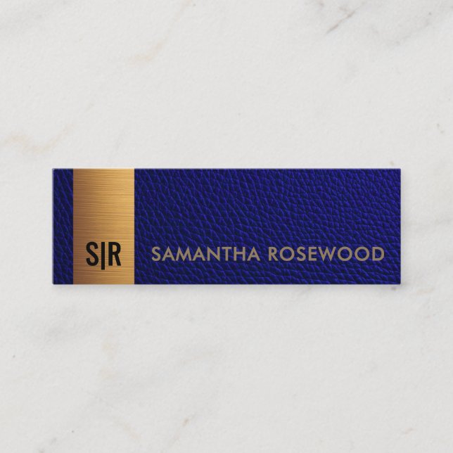 Elegant Borstad Guld Monogram Blå Läder Mini Visitkort (Framsida)