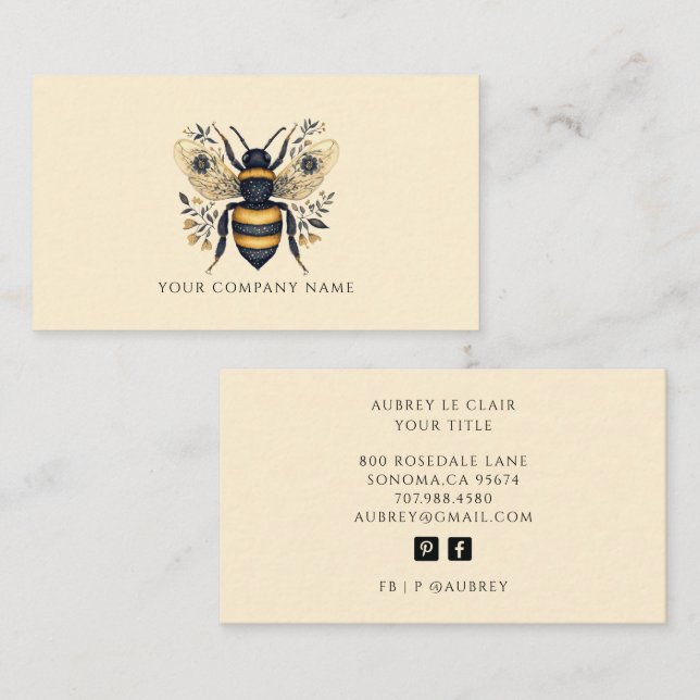 Elegant Botanical Bee Logo Template Visitkort (Fram/baksida)