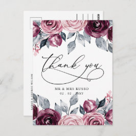 Elegant Botanical Blush Burgundy Floral Thank You Vykort