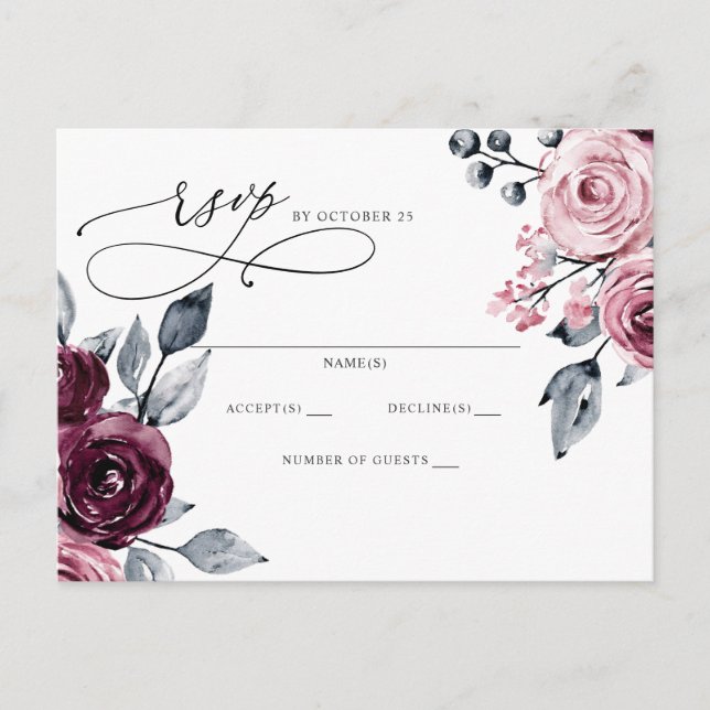 Elegant Botanical Burgundy Floral RSVP Vykort (Framsida)