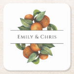Elegant Botanical Citrus Greenery Underlägg Papper Kvadrat<br><div class="desc">Söt,  elegant,  modern och bohemisk personlig och personligt bröllp papper underlägg för er särskilda händelse! Utformningen matchar resten av Orange Löv Foliage Collection. Vattenfärgsfrukt med orange med mörk och ljust grönt löv löv blad gräns i ramar överst och grund i namn.</div>