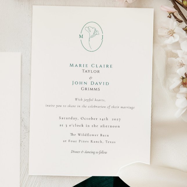 Elegant Botanical Emerald Monogram Wedding Inbjudningar (Skapare uppladdad)