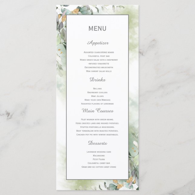 Elegant Botanical Eucalyptus Greenery Menu Meny (Framsida)