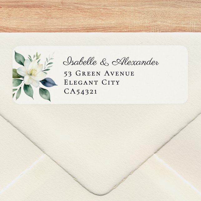 Elegant Botanical Floral Greenery Wedding Returadress Etikett (Elegant wedding address labels with white floral and greenery motif in a watercolor style)