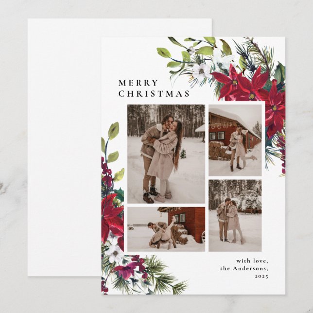 Elegant Botanical Floral Photo Collage Christmas Julkort (Fram/baksida)