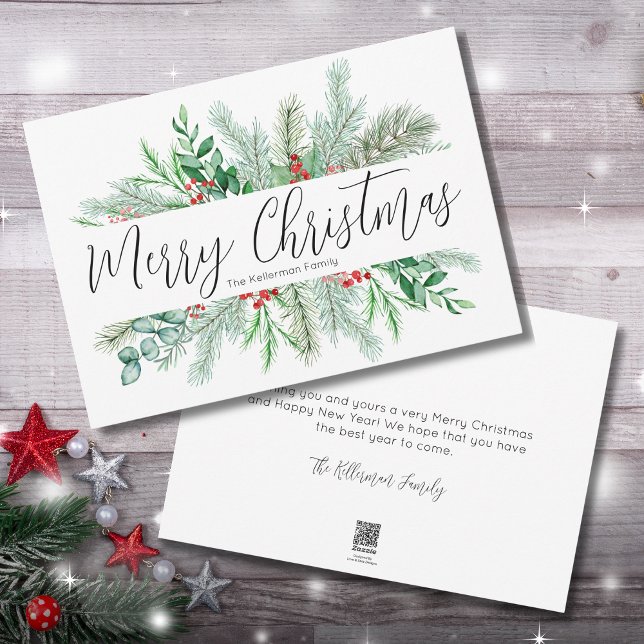 Elegant Botanical God jul Greenery Julkort (Merry Christmas Red Greenery Berries Holiday Card)